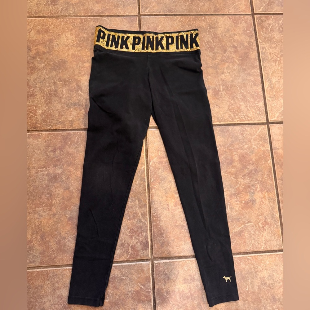PINK Victoria's Secret Black Leggings with Gold Logo Waistband